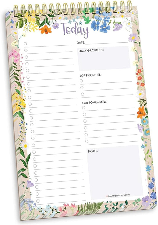 bloom daily planners To Do List Book for Work - Undated Page A Day Daily Planner, 60 Sheets for Daily Tasks & Goal Setting - 6” x9” Spiral To-Do Pad for Office, Home and School - Garden Party