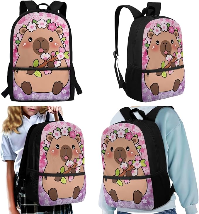 WELLFLYHOM Cute Capybara Elementary School Backpack for Girls, 4PCS Set Cherry Blossom Backpack with Lunch Box for Kids 6-11, 17 Inch Bookbag with Adjustable Strap for All Day School