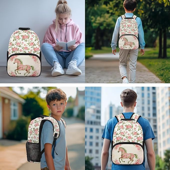 Horse Rose Bookbag Kids 3 in 1 School Backpack with Lunch Bag Pencil Bag Set for Girls Lightweight Elementary Middle School Bags
