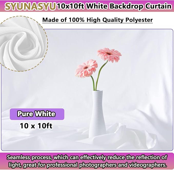 Photo Backdrop White 10 x 10ft, White Backdrop for Photoshoot, Solid White Photography Backdrop Background, Seamless Photo Backdrop Curtain for Wedding Baby Shower Picture Photobooth Portrait Backdrop
