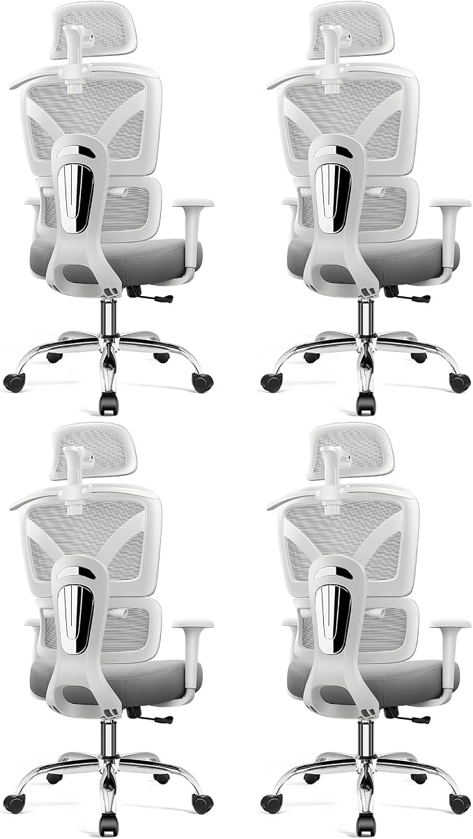 Ergonomic Desk Chair, Breathable Mesh Office Chair for Long Hours, 4 Pack | Adjustable Lumbar Support for Back Pain Relief, 4.33'' Thick Foam Cushion, 3D Headrest, Computer Chair for Home Office, Gray