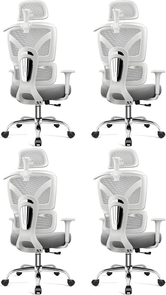 Ergonomic Desk Chair, Breathable Mesh Office Chair for Long Hours, 4 Pack | Adjustable Lumbar Support for Back Pain Relief, 4.33'' Thick Foam Cushion, 3D Headrest, Computer Chair for Home Office, Gray