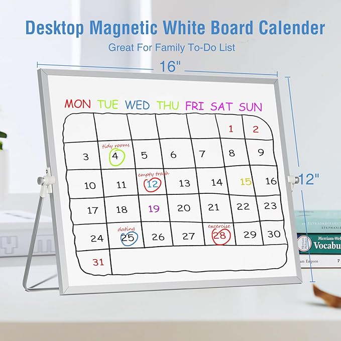 Magnetic Desktop Whiteboard with Stand, 16'' x 12'' Double-Sided Dry Erase White Board, 10 Markers, 4 Magnets, 1 Eraser, Portable White Board Easel for Adults Drawing Desk School to Do List