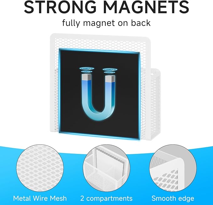 Marbrasse Magnetic Dry Erase Marker Holder, Mesh Pen Holder for Whiteboard，Magnet Pencil Organizer Storage for Refrigerator Locker Accessories Organizer for Home, School and Office(White)