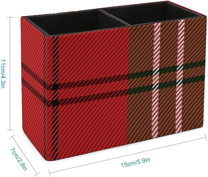 Red Green Tartan Plaid Pattern Scottish Cage PU Leather Pen Holder Desk Organizer, 2-Compartment Pencil Container for Office, Home, Vanity Use
