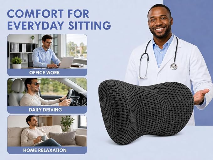 Lumbar Support Pillow for Office Chair, Ergonomic Memory Foam Back Cushion for Lower Back Support, Breathable Mesh Lumbar Cushion for Car Seat, Desk Chair & Long Sitting Relief