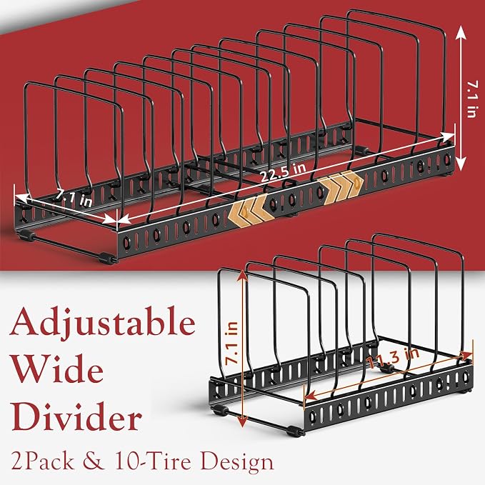 HzTinT Cutting Board and Baking Tray Cookie Sheet Organizer for Cabinet | Expandable 6.9"-13.6" Pan Organizer with 12 Adjustable Dividers, Cutting Board Holder for Cabinet or Countertop Storage