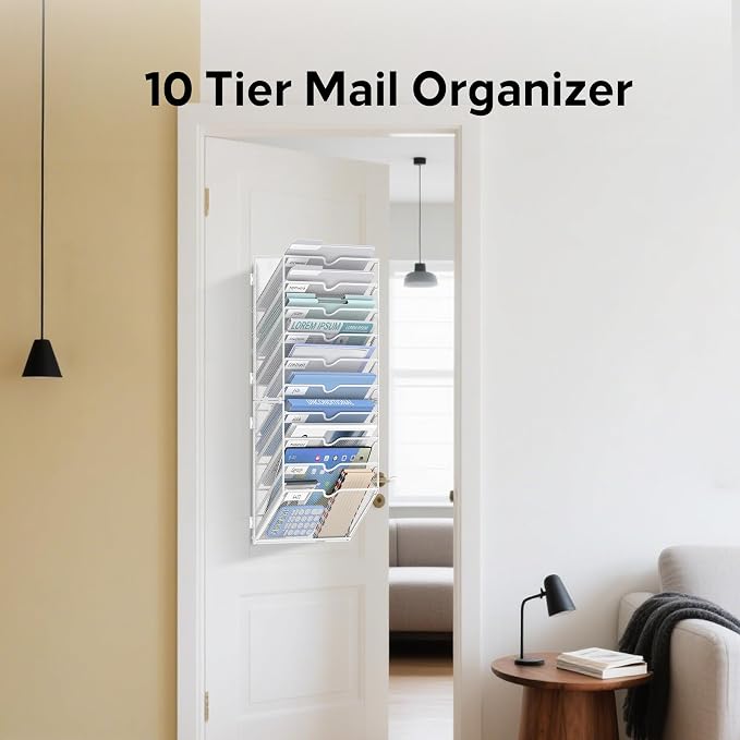 10 Tier Wall File Organizer Office Hanging Mail Holder Wall Mounted, Mesh Paper Document Organizer for Office Home School, White