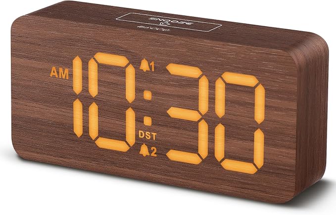 uscce Wooden Digital Alarm Clocks for Bedrooms with 0-100% Dimmable Display | Desk Clock with Large Numbers for Living Room - Loud Dual Alarm for Heavy Sleepers with Volume Control - Wood Decor & Gifts