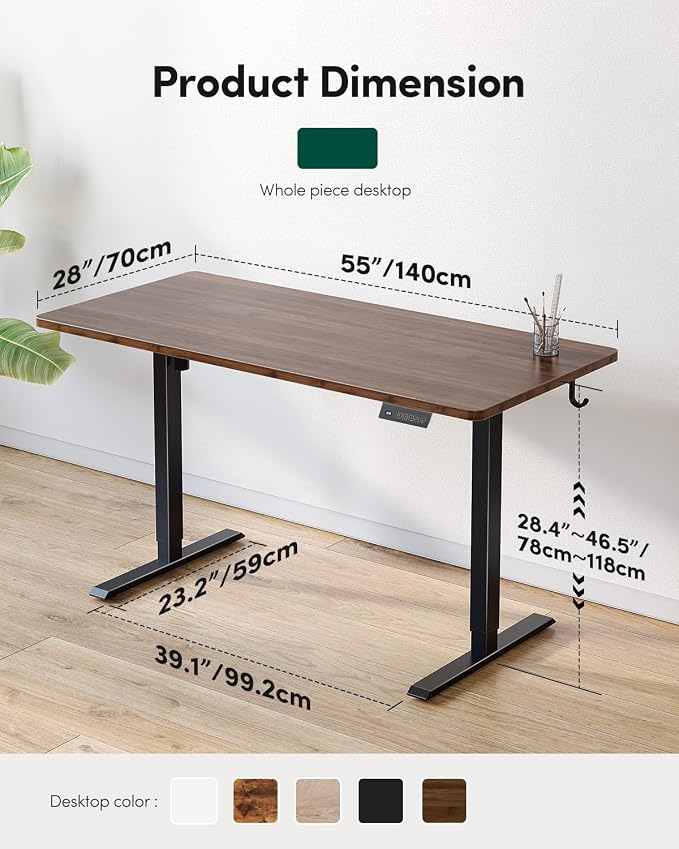CubiCubi 55 x 28 Inch Large One-Piece Standing Desk, Adjustable Height Electric Computer Home Office Sit Stand up Whole Board Workstation, with Memory Presets, Headphone Hook, Black Walnut