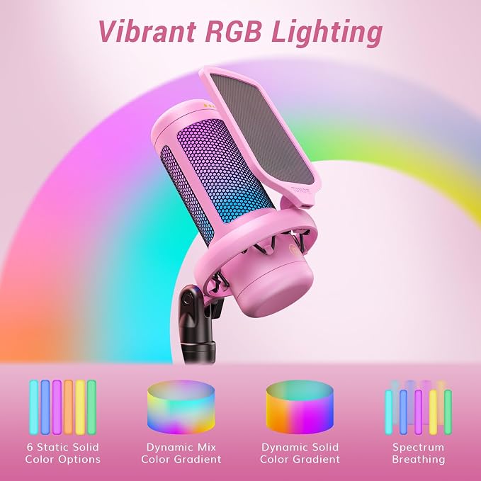 TONOR Gaming Microphone Arm Set, RGB Condenser Mic with Boom Arm, Quick Mute, Adjustable RGB Brightness, Pop Filter, Shock Mount, Gain Control for Streaming, Discord Twitch YouTube,TC310+ Pink