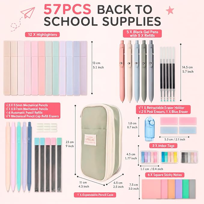 Aesthetic School Supplies with Pencil Pouch - 57 Pcs Cute College Essentials Set, Big Capacity Pen Case, Eraser Holder, Pastel Highlighters, Bible Study Journaling Stationary Kit for Girls Teens