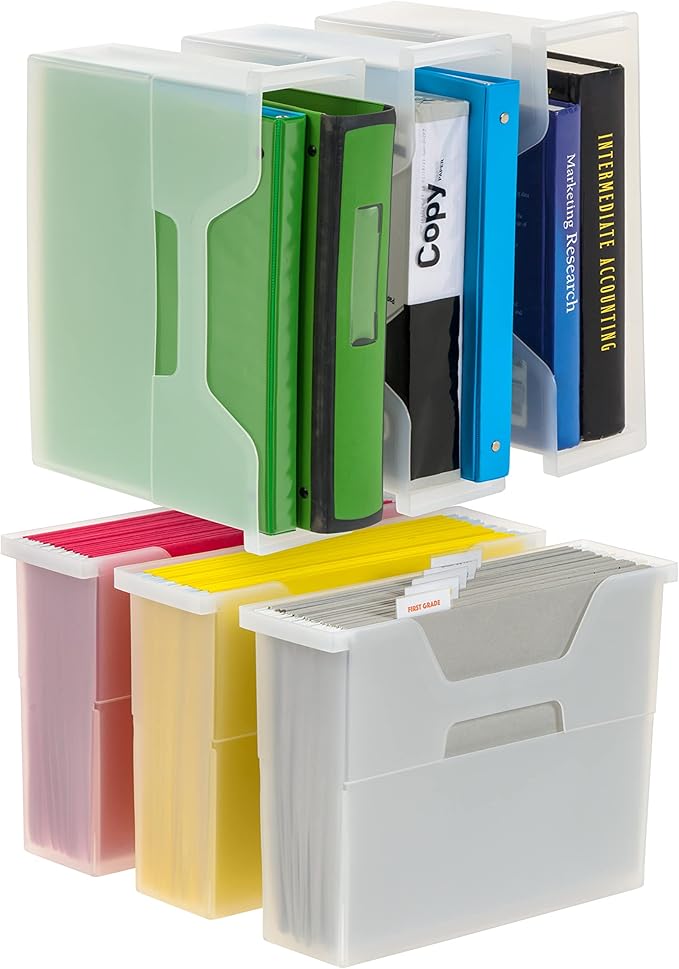 IRIS USA Small Portable Desktop File Box with Open Lid, 6 Pack, Side Handles, Hanging File Folders, Tabs & Inserts, Letter Size, Magazines, Newspapers, Mail, Books, Notebooks, Clear