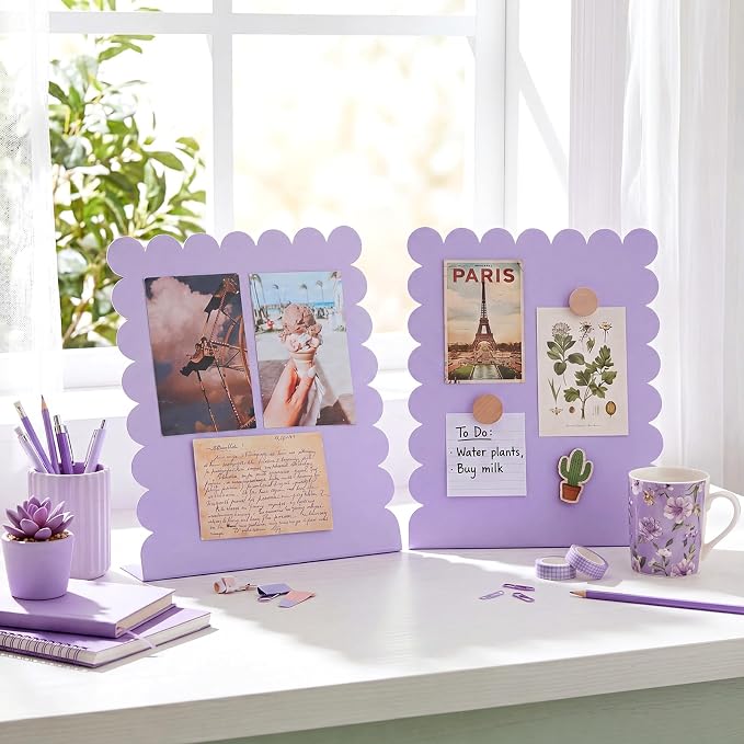 Gueevin 2 Pcs Magnet Board Standing Magnetic Metal Board for Desk and Wall Scalloped Magnetic Display Stand for Memos Photos and Documents Home Office School Desk Storage Decoration(Purple,Medium)