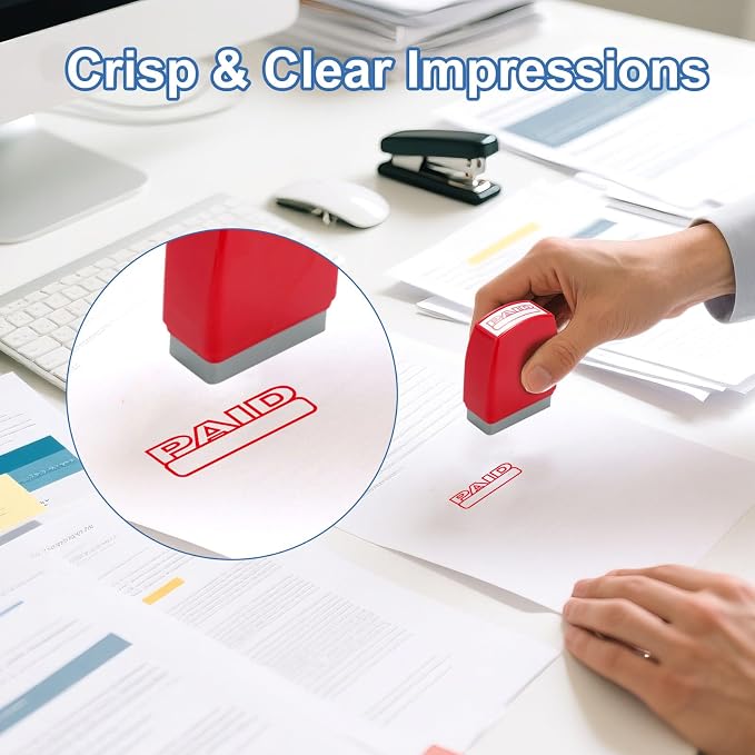 8 Pcs Office Stamps for Business, Paid Void Copy Scanned Confidential Approved Original Entered Self Inking Red Blue Rubber Stamps with Storage Tray, Account Finance Staff Supplies