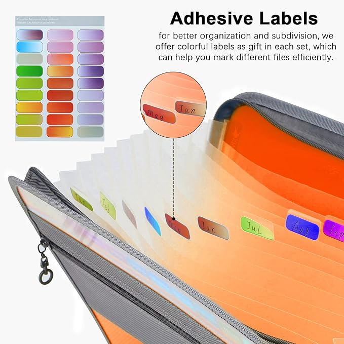 NAFY Expanding File Folders, 2Pack 13 Pockets Document Organizer with Zipper, A4 Letter Size Portable Accordion Expanding File Folders with Multicolor Labels for Office School Supplies (Black+Orange)