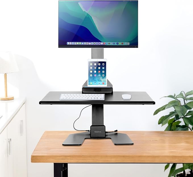 Mount-It! Electric Standing Desk Converter - Motorized Sit-Stand Desk Riser with Monitor Mount, Standup Powered Desktop Lift for Single Monitor up to 32", 28" Wide Keyboard Tray, Adjustable Height