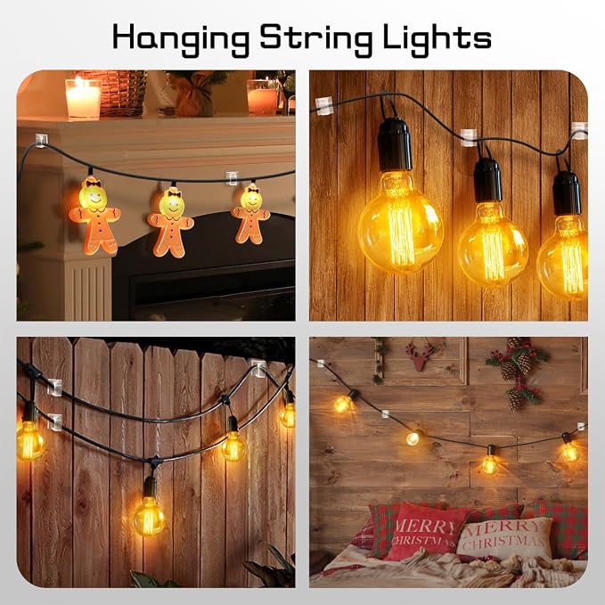 KGROTE 60Pcs Christmas Light Clips, Hooks for Outdoor String Lights Clips, Adhesive Cord Organizer Hooks, Sticky Wire Holder for Hanging Christmas Lights, Wall Cable, Fairy Lights (Clear, Small)