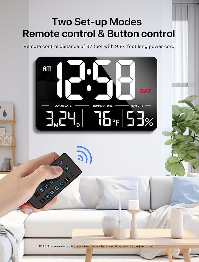 MASHI 13" Large Display Digital Clock, Alarm, Date, Temperature, DST | Remote control & 6-level dimmer. Shows day, humidity. Plug-in; memory backup. For desk, wall, gift for elderly