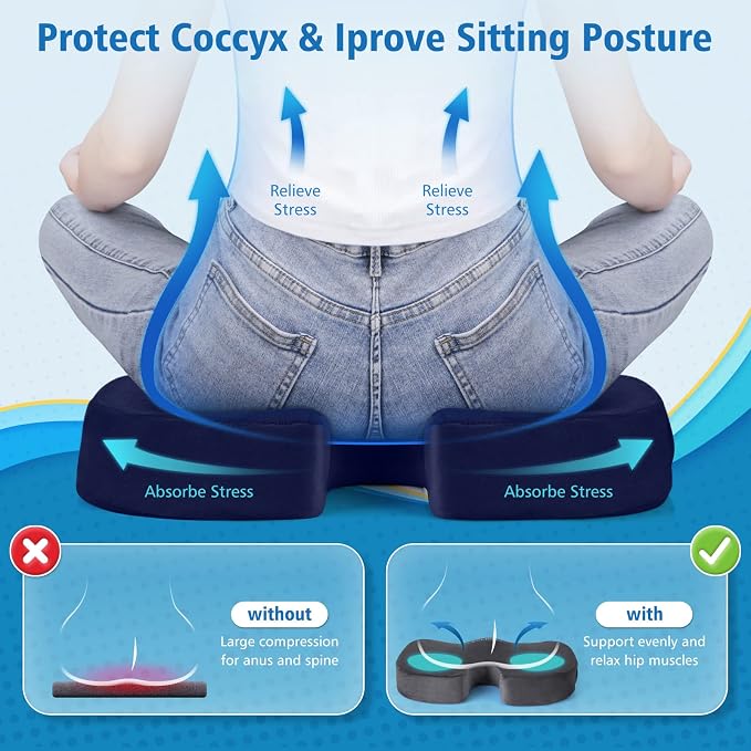 CloudBliss Gel Memory Foam Seat Cushion for Long Sitting, Large, Blue | Gel Chair Pad for Tailbone, Coccyx, Sciatica , Soft Suede Cover, Non-Slip , Washable Mesh, for office, home, car