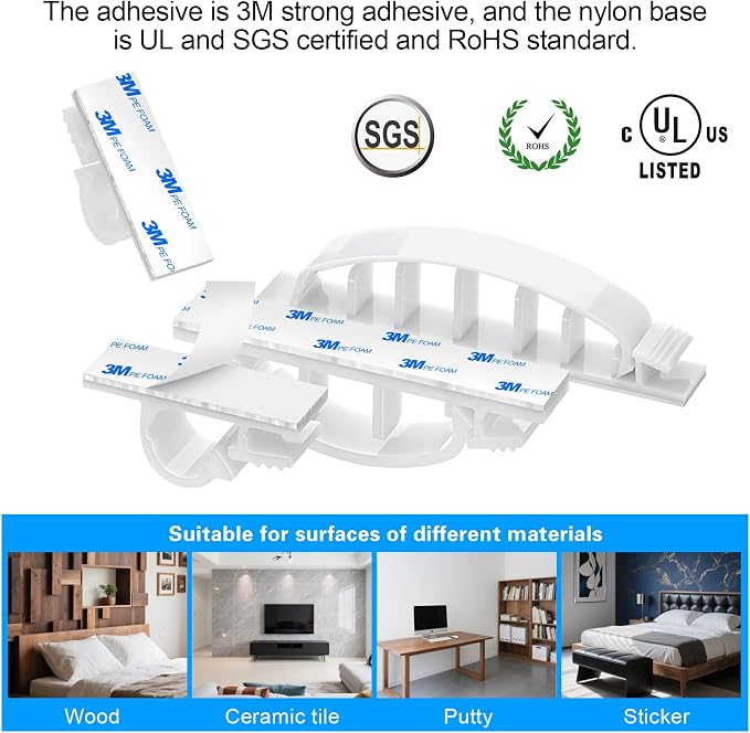 XHF 30pcs Adhesive Cable Wire Clips Kit White, Outdoor Cable Management Wire Organizer Cord Holder for Under Desk, Car, Wall, TV PC Ethernet Cable