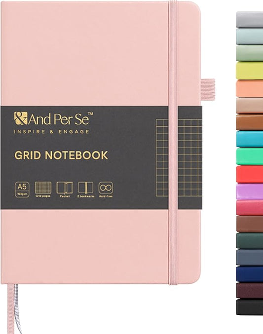 &And Per Se Graph Notebook, 5mm Grid, A5 Hardcover, 160 Pages 100gsm Thick Paper, Grid Journal for Diagrams, Wireframes, CAD Sketches (Pink)