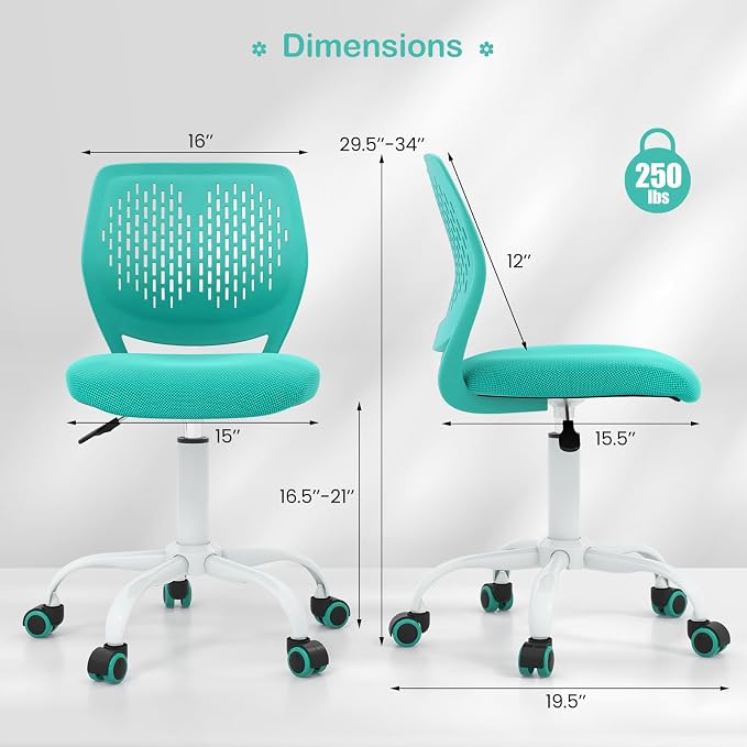 Giantex Kids Desk Chair, Armless Mesh Children Study Seat, Swivel Teen Desk Computer Chair with Adjustable Height & Lumbar Support, Turquoise