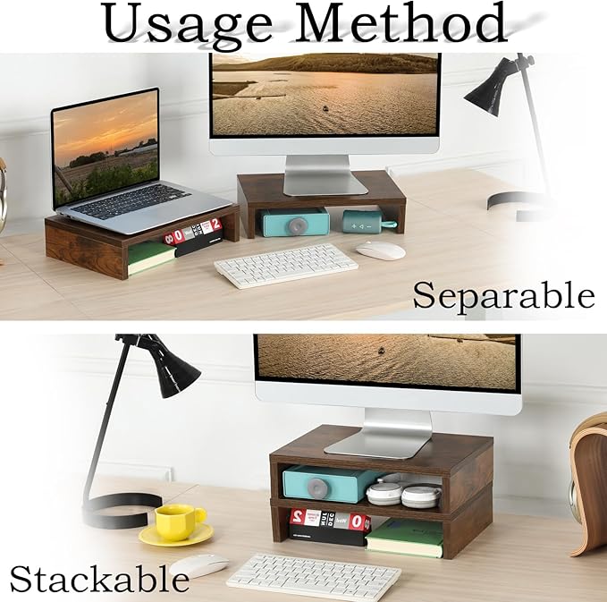 TEAMIX 2-Pack Wood Monitor Riser, Desk Stand for 2 Monitors, Rustic Brown | Holds 80Lbs, Stacked/Separate Use, 2 Tier Adjustable, Use as Laptop/TV Riser, Computer Stand for Home Office Desk, Gaming