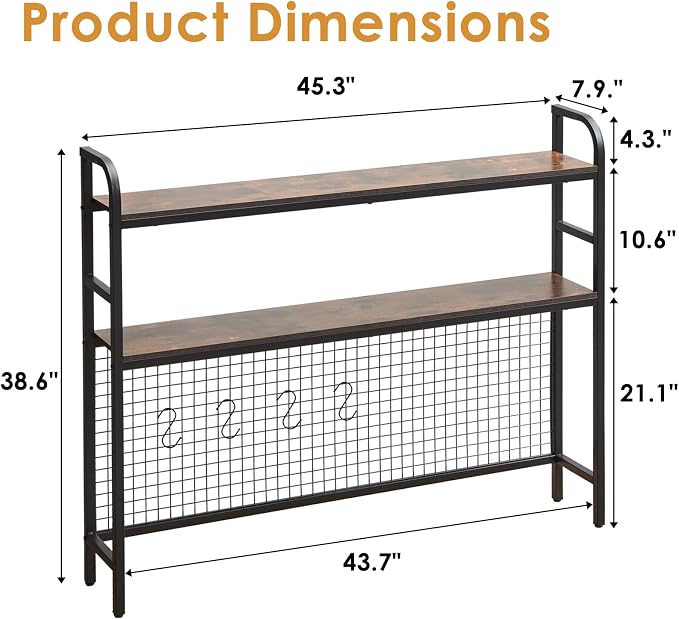 Desk Shelf, 45.3” Desktop Organizer Shelf with Grid Panel and Hooks, Desk Hutch for Computer Monitor, 2 Tier Desk Display Rack Wood Desktop Bookshelf Storage for Home Office Dorm