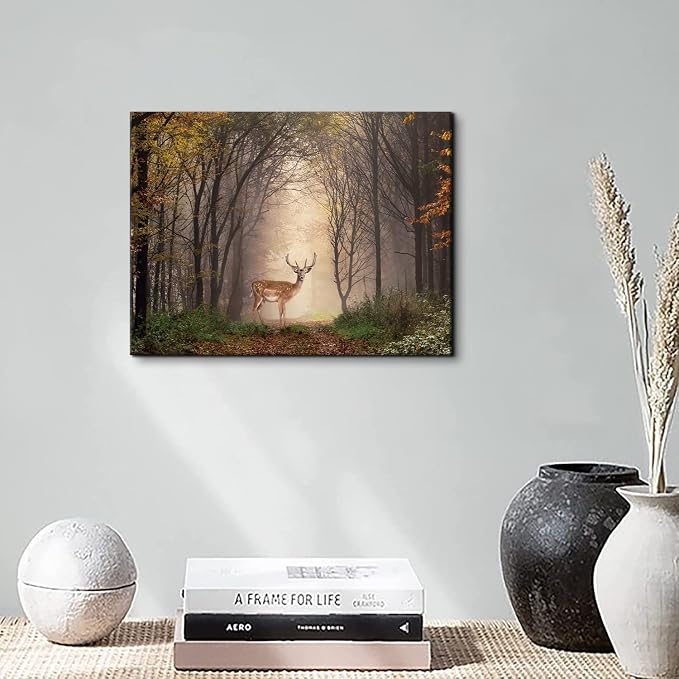 Wild Animal Landscape Canvas Wall Art Deer in Autumn Foggy Forest Picture Wall Decor Elk Wildlife Scenery Photo Prints Painting Decoration for Modern Living Room Bedroom Bathroom Home Art 12x16 Inch