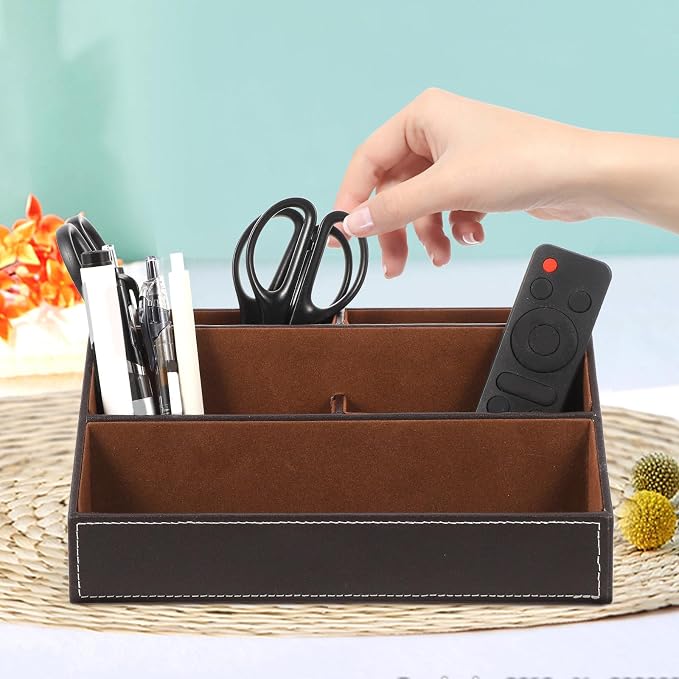 Desktop Sundries Storage Holder Minimalist Contemporary Design Desk Organizer Pu Leather with High Density Board to Keep Desk Clean and Tidy for Office and Home Use