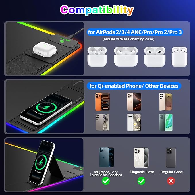 RGB Gaming Mouse Pad with Magnetic Wireless Charging & Foldable Phone Stand | 31.5"x15.8" XXL Large LED Mousepad with Stitched Edges, Ultra-Smooth Waterproof Surface, 25 Lighting Effects, Non-Slip Base