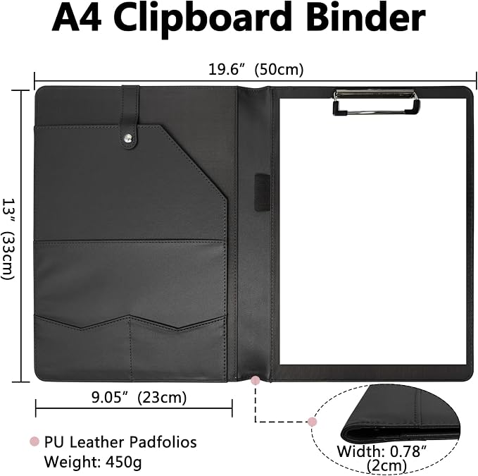 Portfolio Folder Padfolio with A4 Clipboard, PU Leather Portfolio Clipboard Business Binder Writing Clip Board Organizer for Legal Documents Business Card Men Women Black