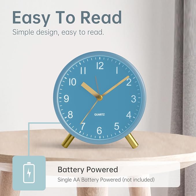 JALL Analog Alarm Clock, 4 inch Super Silent Non Ticking Small Clock with Night Light, Battery Operated, Simple Design, Easy Setting for Office, Bedroom, Bedside, Desk, Teens, Elders, Adult, SkyBlue