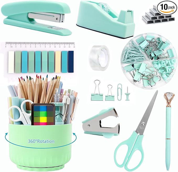 Office Supplies,Green Desk Accessories,Office Supplies Set,Desk Organizer,Stapler,Tape Dispenser,Scissors,Staple Remover,Binder Clips,Staples,Ballpoint Pen,Index Tabs with Ruler,Clear Tape.10pcs