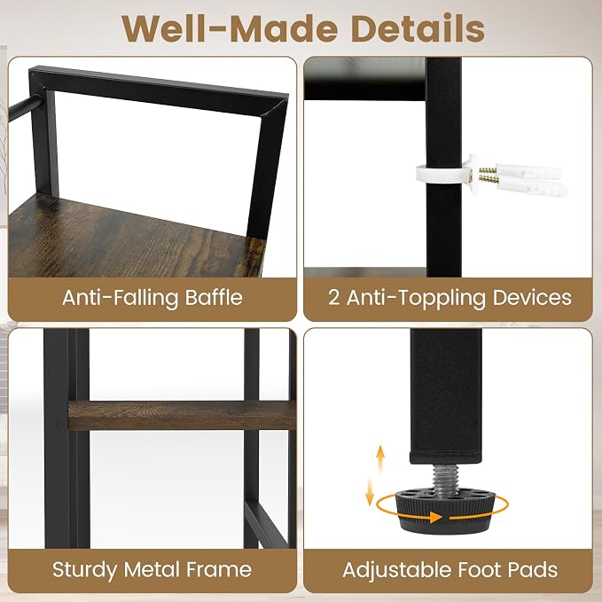 Tangkula 4-Tier Desktop Bookshelf, 38.5" Dorm Desk Hutch, Rustic Brown | Tabletop Hutch for Computer Monitor, 4 Open Storage Shelves, Anti-tip Device, Desktop Display Shelves for Home Office