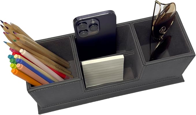 UnionBasic Desk Organizer, Caddy Leather Multi-compartment Pen Holder, Gray | Desktop Dual Pen Holder, Office Supplies Holder