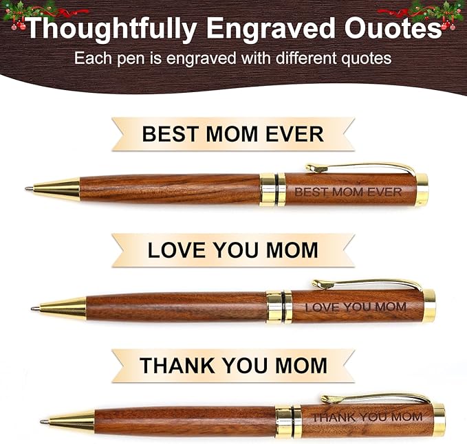 Renawe Cool Wooden Pens with Pen Box Gift for Mom Mother In Law Christmas Gifts for Mother's Day Gift Birthday Ideas Cute Engraved Pens Unique Presents for New Mom from Daughter Son