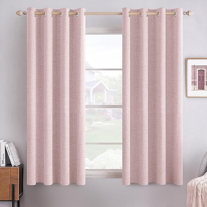 MIULEE Linen Texture Curtains for Bedroom Solid 100% Blackout Thermal Insulated Pink Curtains Grommet Room Darkening Drapes for Living Room 52x54 Inch (2 Panels)