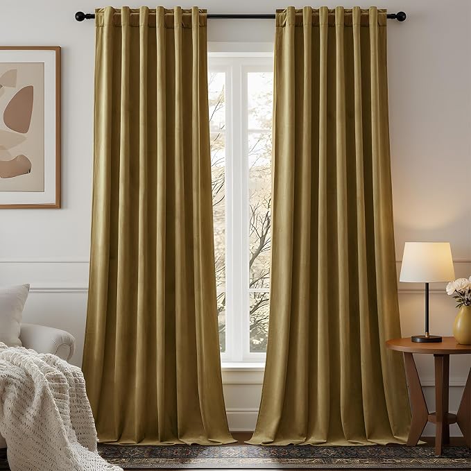 Gold Brown Velvet Blackout Curtains 96 Inches for Bedroom, Thermal Insulated Room Darkening Drapes, Super Soft Thick Luxury Curtains for Living Room with Back Tab & Rod Pocket, W52 x L96, 2 Panels