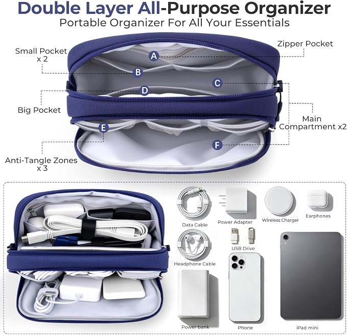 Skycase Travel Cable Organizer - Lightweight Water Resistant Dual-Layer Tech Pouch with Wrist Strap 11 Compartments Electronic Organizer Travel Case for Charger Cord Hard Drive,Large,Blue