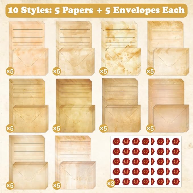 FUNCLASS 160 Pcs Stationery Set Letter and Envelopes – 50 Lined Stationery Paper and 50 Matching Envelopes, 5.5 x 8.25 Inches Letter Writing Stationery for Home, Office, School (Vintage)