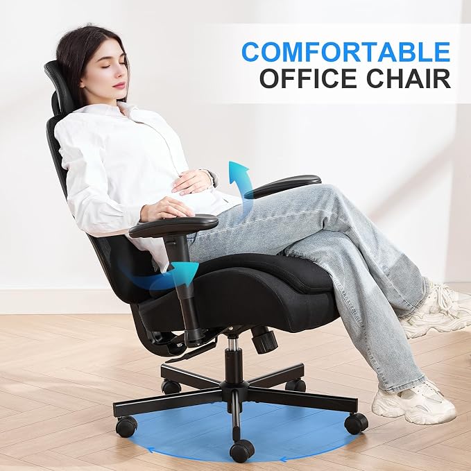 Office Chair with Ergonomic Lumbar Support and Mesh Back for Home Office, Desk Chair with Wide Seat and Adjustable Arms for Computer Desk, Computer Chair with Rocking Backrest and Wheels for Work