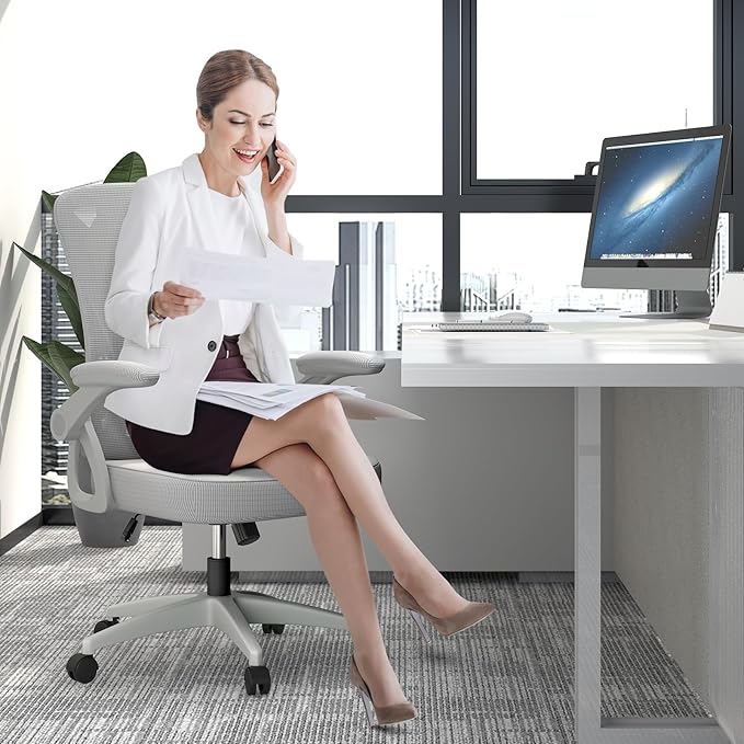 naspaluro Home Office Desk Chair Mid Back with Adjustable Height Grey | Comfy Ergonomic Chair with Flip-Up Arm and Lumbar Support, Breathable Mesh Swivel Computer Chair for Study Working Teacher