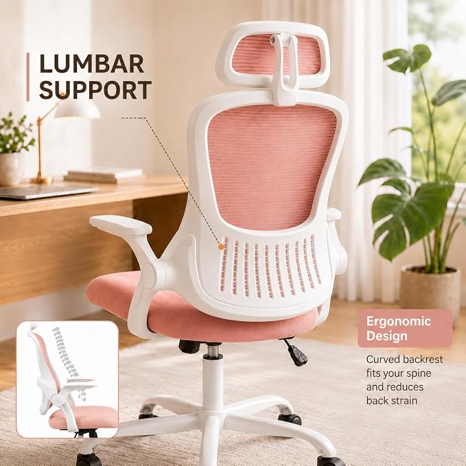 Pink Ergonomic Office Chair, High Back Mesh Desk Chair with Adjustable Headrest Lumbar Support, Computer Chairs with Flip-up Armrests and Thickened Cushion for Adults Home Office, 360° Swivel