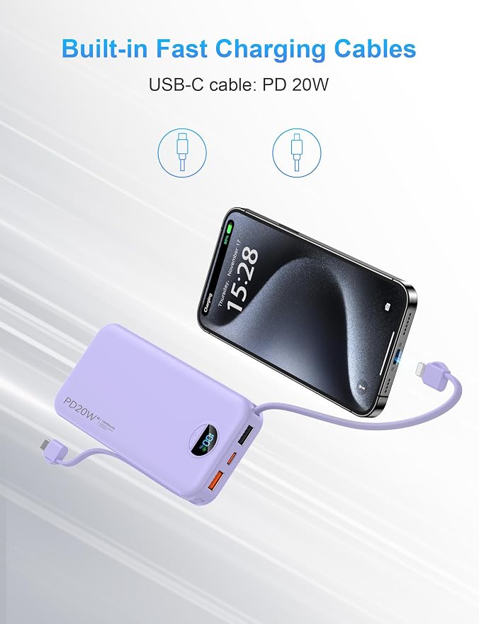 Portable Charger with Wall Plug, 10000mAh USB C Power Bank Fast Charging, External Battery Pack with Built in Cables, Digital Display, 5 Output 4 Input for iPhone Android Cell Phone Tablet