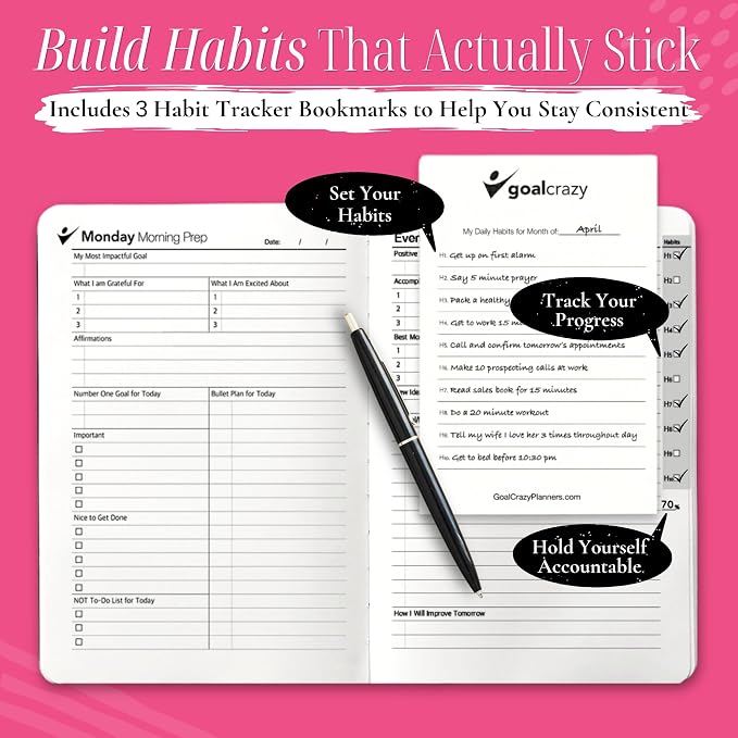 Goal Crazy Undated Daily Planner to Achieve Your Goals - 90 Day Guided Journal & Productivity Organizer with Goal Setting, Habit Tracker, To Do List, Academic & Work Calendar, Leather Hardcover - Rose Gold