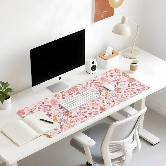 Mouse Pad Leather Desk Mat Large Keyboard Cute Office Desktop Computer Laptop XXL Long Big Aesthetic Modern Design Women Girls Gaming Gamer Oversized Wide Mousepad 31.5"x15.7", Pink Floral