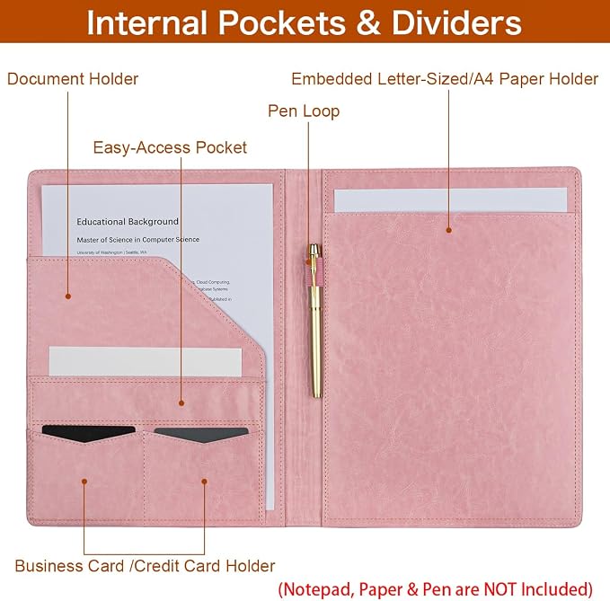 Padfolio Portfolio Binder, Faux Leather Folder, Resume Interview Legal Document Organizer, Letter Sized Writing Pad w/Business Card Holder, A4 Professional Folio for Office Conference (Pink)