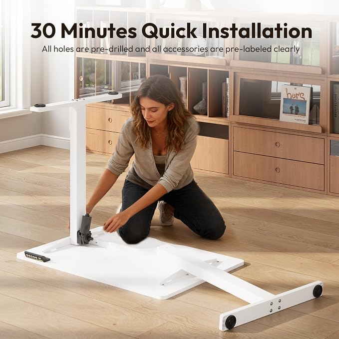 35 x 24 Inch Height Adjustable Standing Desk, 3 Presets, White | 35 x 24 in Desktop, 28.3–46.5 in Height, 2+3 Controls, ≤45 dB, 154 lb Capacity, 2 Hooks